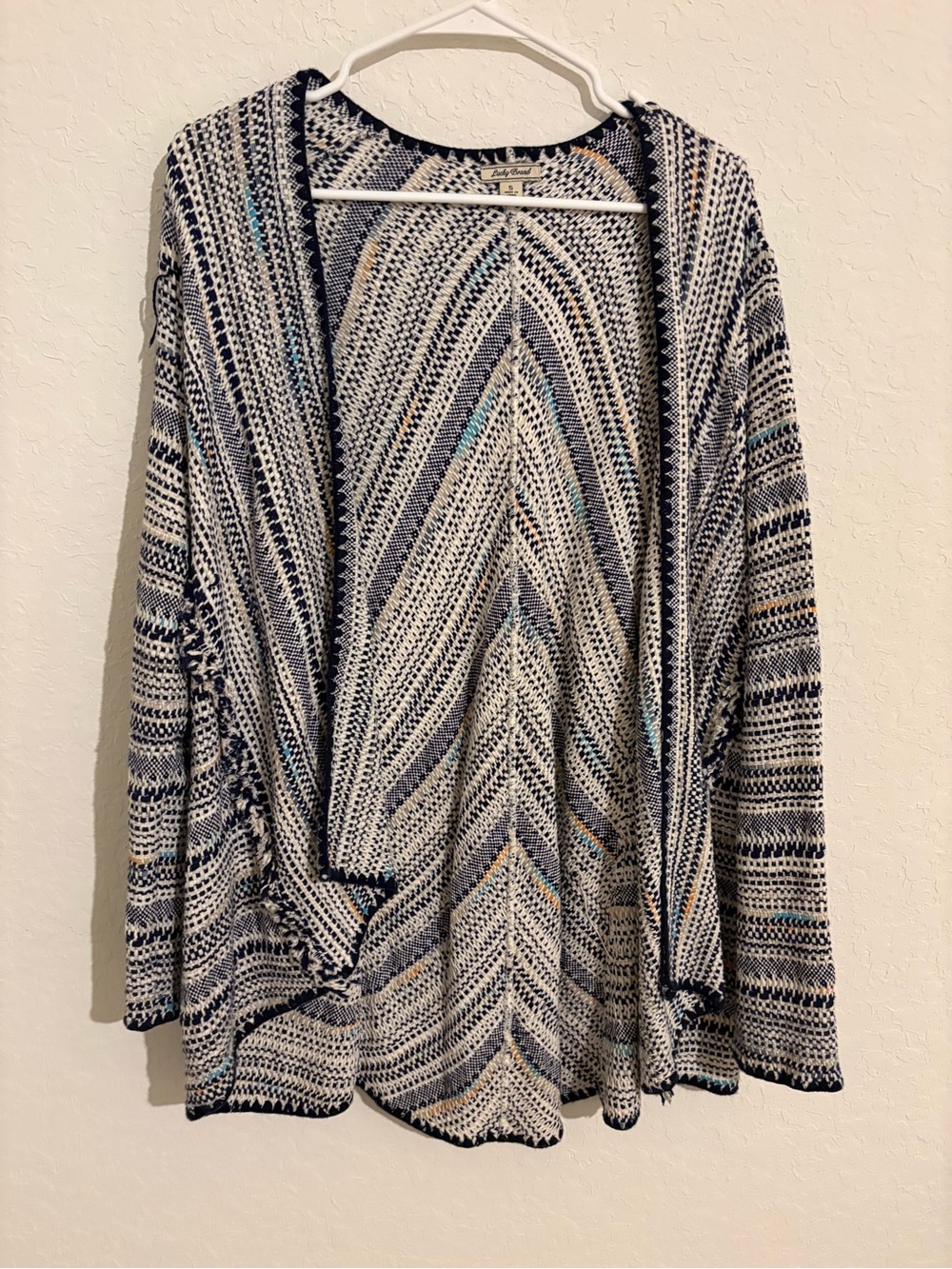 Lucky Brand Navy & Cream Open-Front Knit Cardigan with Subtle Teal Accents